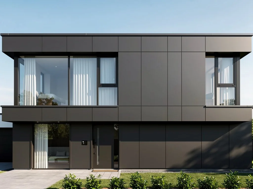 Façade contemporaine en panneaux composite gris anthracite sur isolation des murs