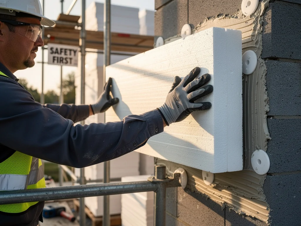 Ouvrier chevillant un panneau isolant rigide sur un mur extérieur depuis l'échafaudage